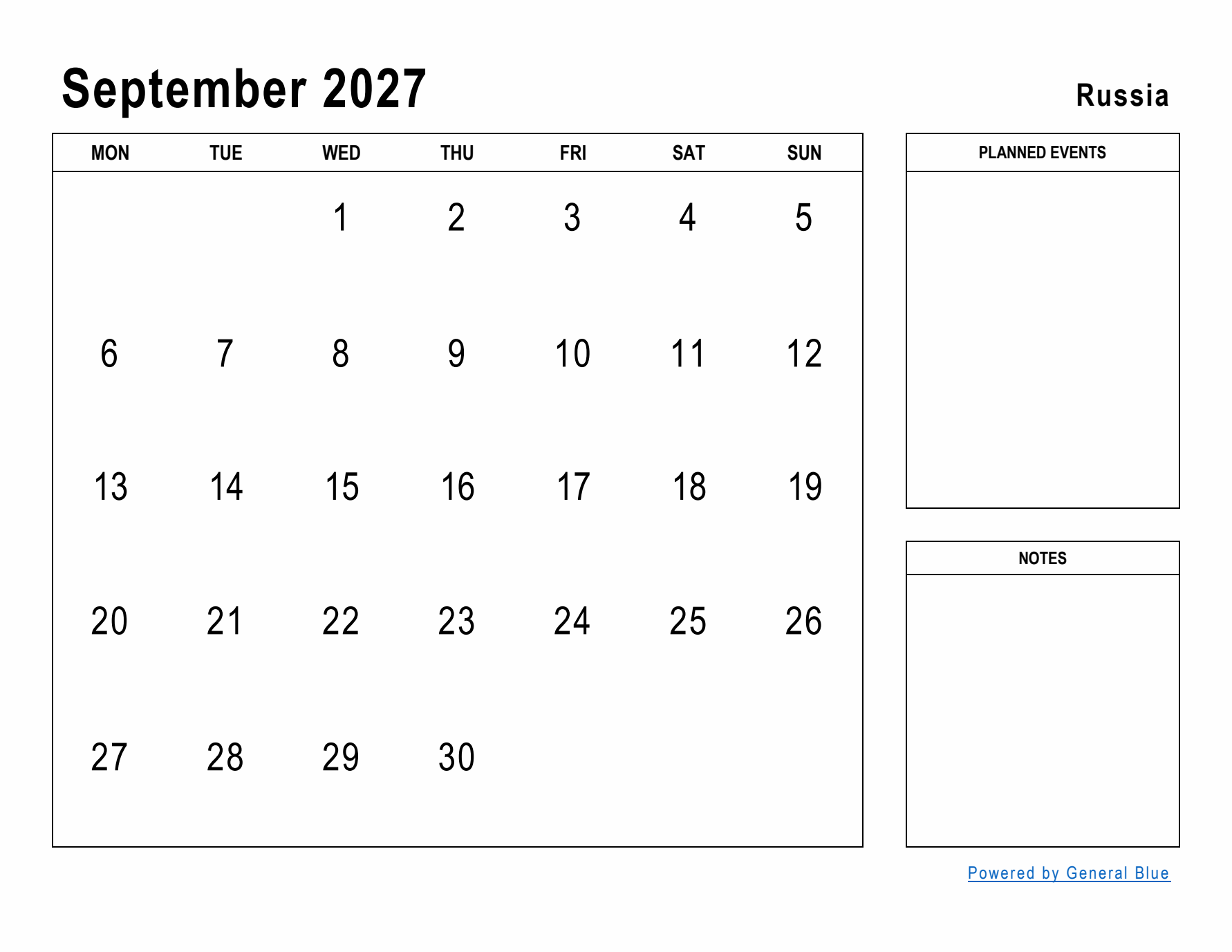 September 2027 Printable Monthly Calendar with Russia Holidays