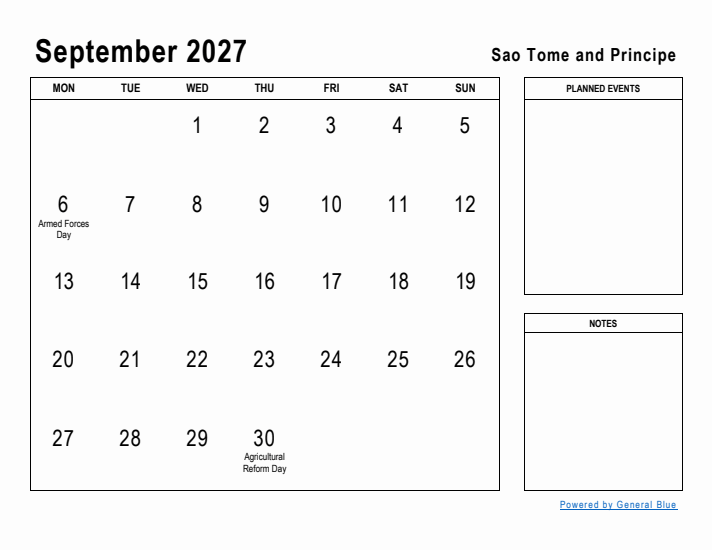 September 2027 Printable Monthly Calendar with Sao Tome and Principe Holidays