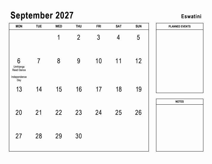 September 2027 Printable Monthly Calendar with Eswatini Holidays