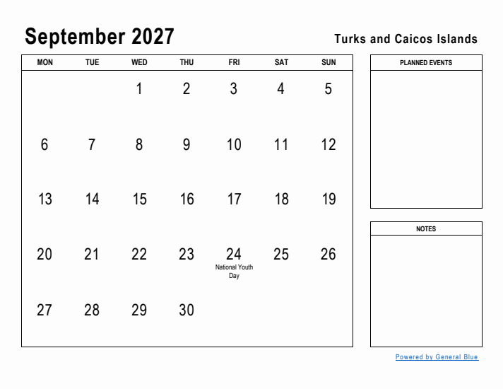 September 2027 Printable Monthly Calendar with Turks and Caicos Islands Holidays