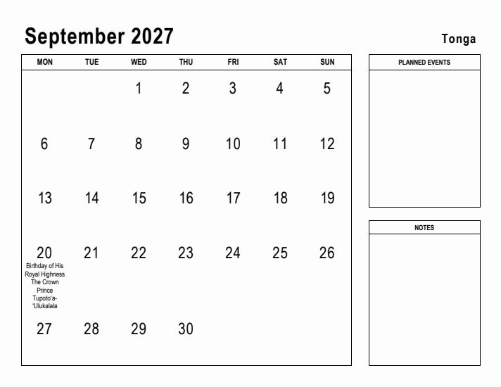September 2027 Printable Monthly Calendar with Tonga Holidays