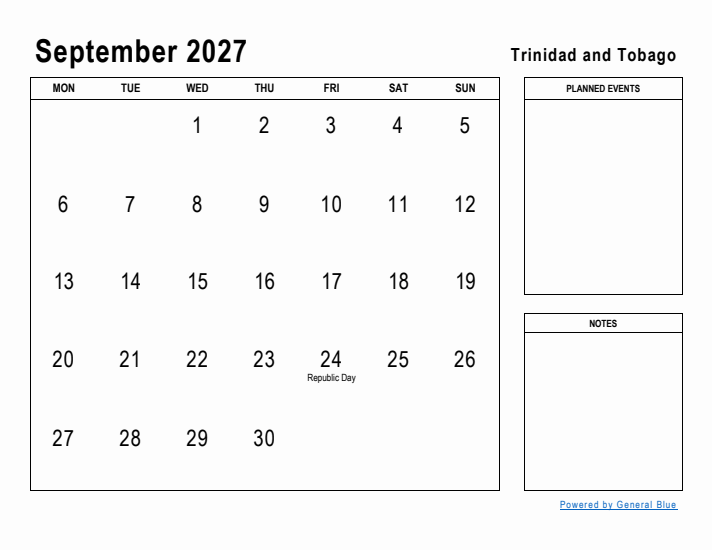 September 2027 Printable Monthly Calendar with Trinidad and Tobago Holidays