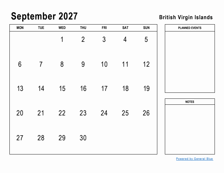 September 2027 Printable Monthly Calendar with British Virgin Islands Holidays