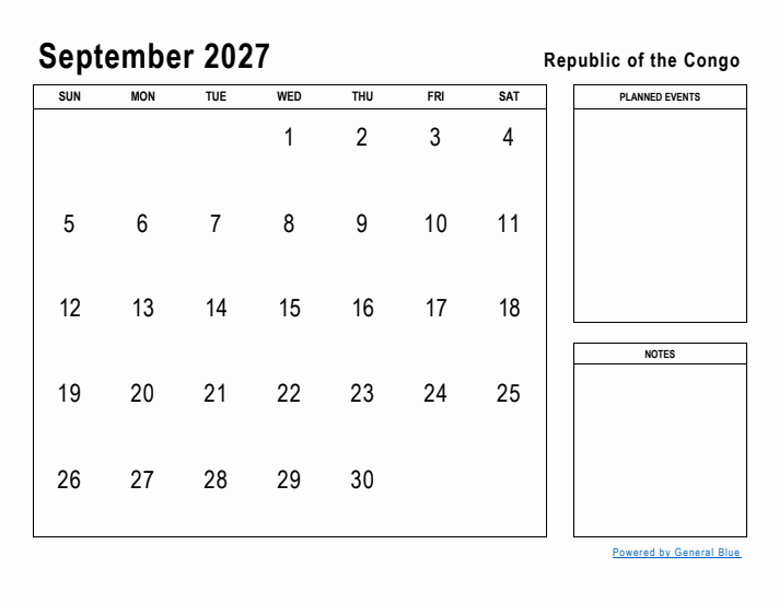 September 2027 Printable Monthly Calendar with Republic of the Congo Holidays