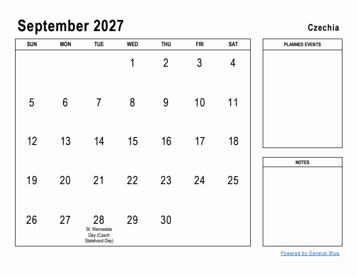 September 2027 Printable Monthly Calendar with Czechia Holidays