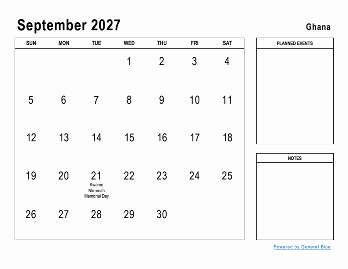 September 2027 Printable Monthly Calendar with Ghana Holidays