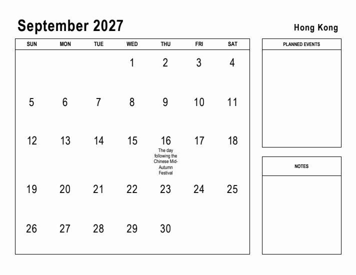 September 2027 Printable Monthly Calendar with Hong Kong Holidays