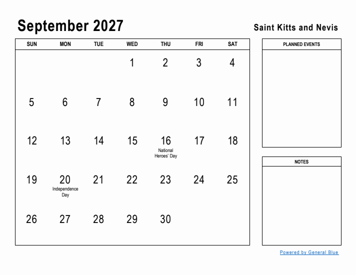 September 2027 Printable Monthly Calendar with Saint Kitts and Nevis Holidays