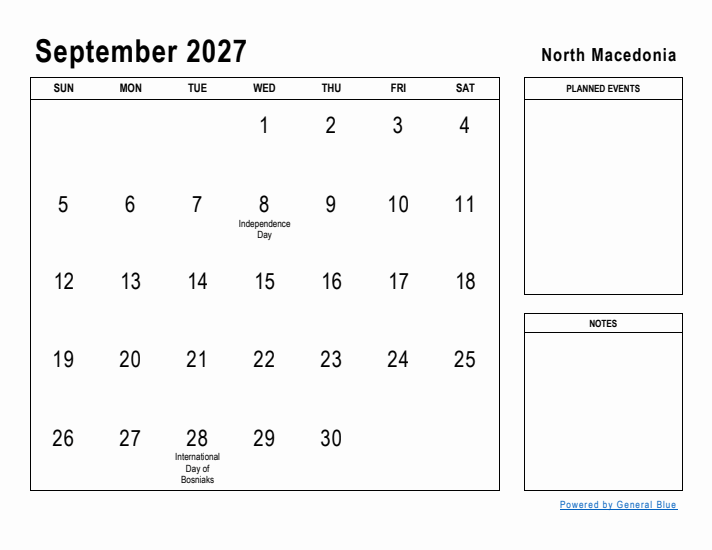 September 2027 Printable Monthly Calendar with North Macedonia Holidays
