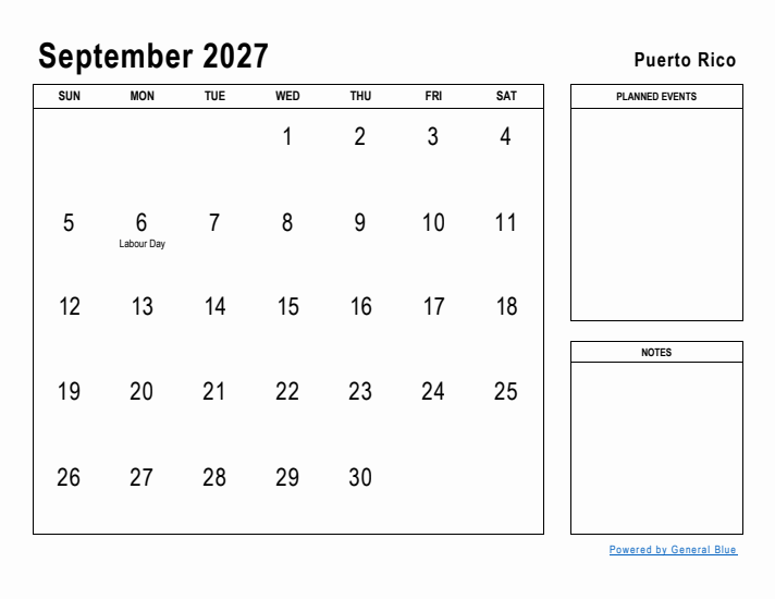 September 2027 Printable Monthly Calendar with Puerto Rico Holidays