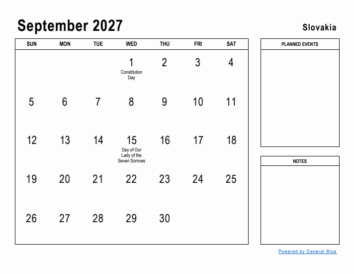 September 2027 Printable Monthly Calendar with Slovakia Holidays