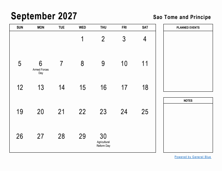 September 2027 Printable Monthly Calendar with Sao Tome and Principe Holidays