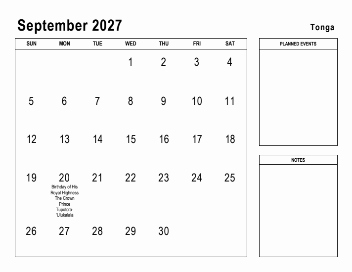September 2027 Printable Monthly Calendar with Tonga Holidays