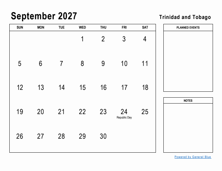 September 2027 Printable Monthly Calendar with Trinidad and Tobago Holidays