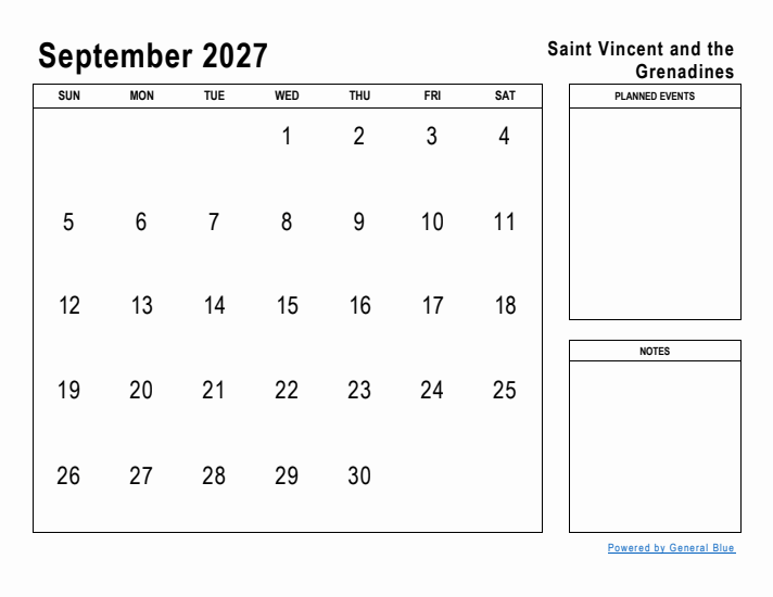 September 2027 Printable Monthly Calendar with Saint Vincent and the Grenadines Holidays