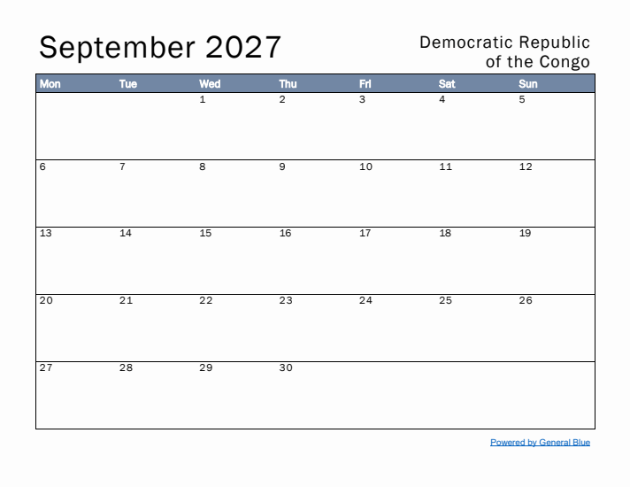 September 2027 Simple Monthly Calendar for Democratic Republic of the Congo