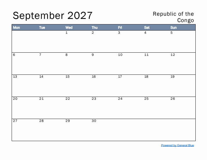 September 2027 Simple Monthly Calendar for Republic of the Congo