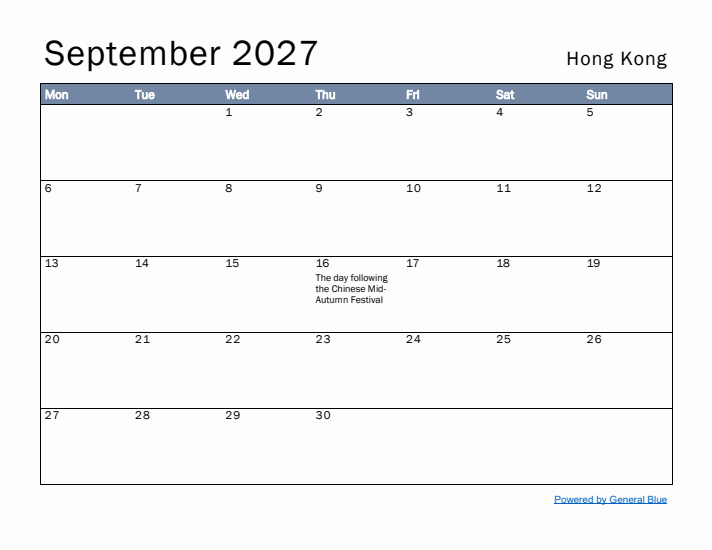 September 2027 Simple Monthly Calendar for Hong Kong