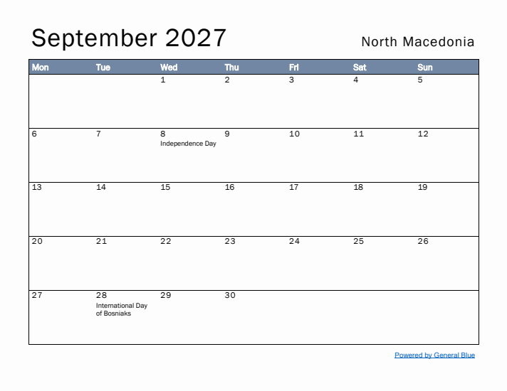 September 2027 Simple Monthly Calendar for North Macedonia