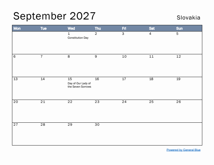 September 2027 Simple Monthly Calendar for Slovakia