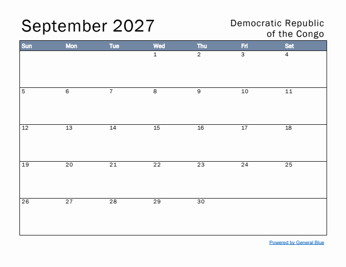 September 2027 Simple Monthly Calendar for Democratic Republic of the Congo