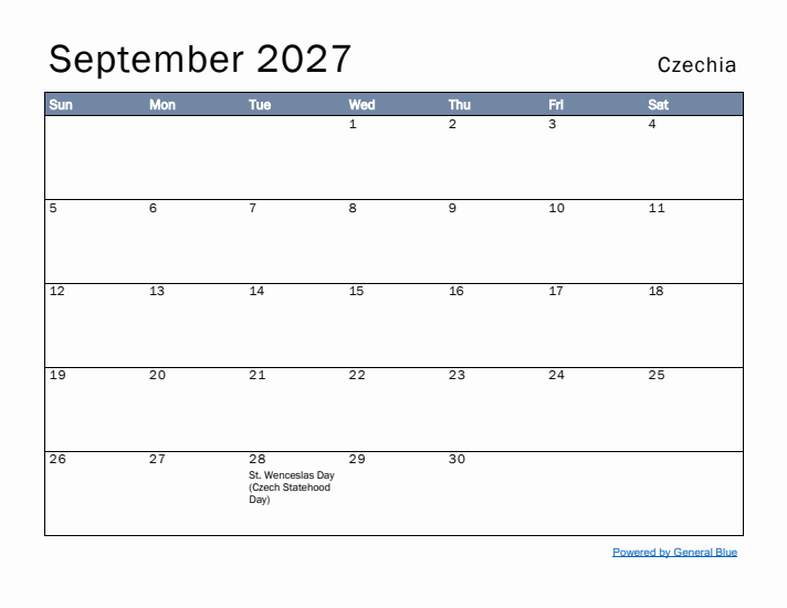 September 2027 Simple Monthly Calendar for Czechia
