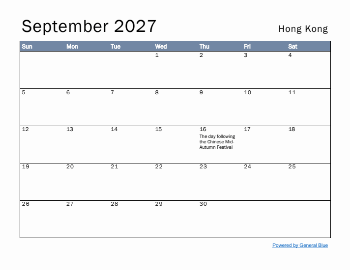 September 2027 Simple Monthly Calendar for Hong Kong