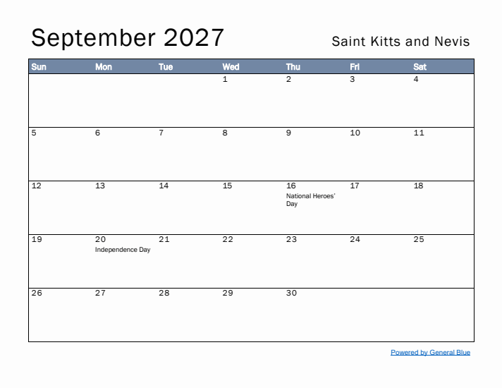 September 2027 Simple Monthly Calendar for Saint Kitts and Nevis