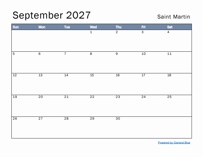 September 2027 Simple Monthly Calendar for Saint Martin