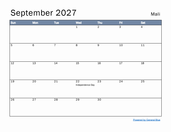 September 2027 Simple Monthly Calendar for Mali