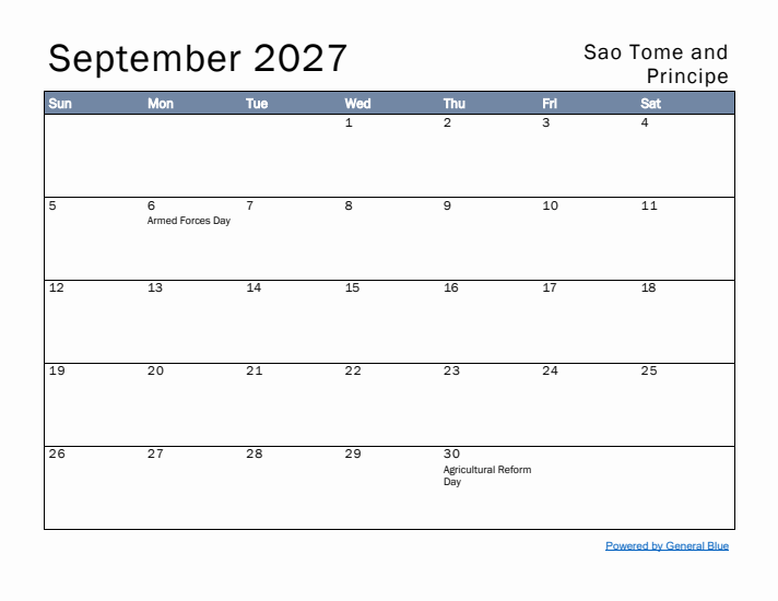 September 2027 Simple Monthly Calendar for Sao Tome and Principe