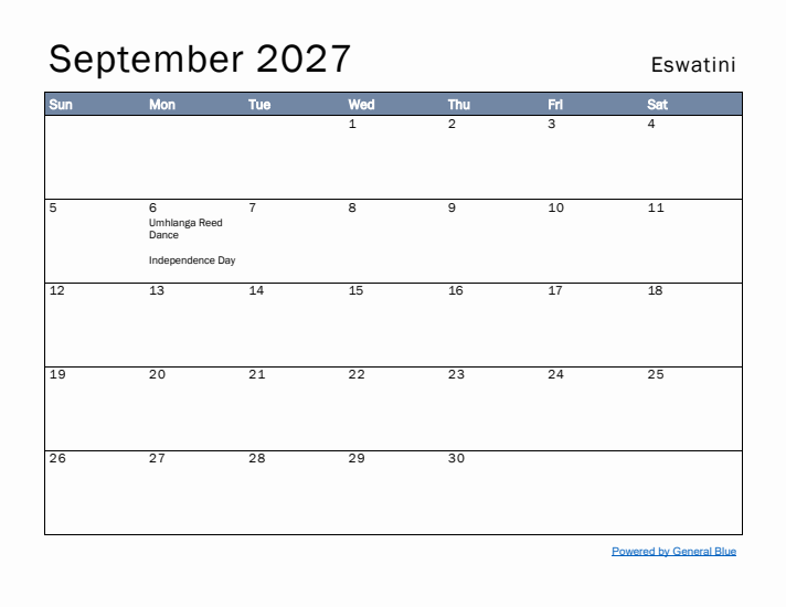 September 2027 Simple Monthly Calendar for Eswatini