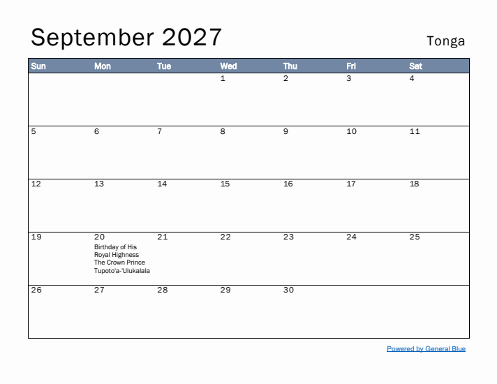 September 2027 Simple Monthly Calendar for Tonga