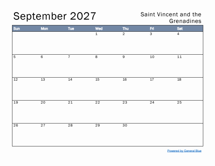 September 2027 Simple Monthly Calendar for Saint Vincent and the Grenadines