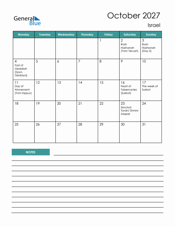 Calendar with Notes Printable - Monday Start