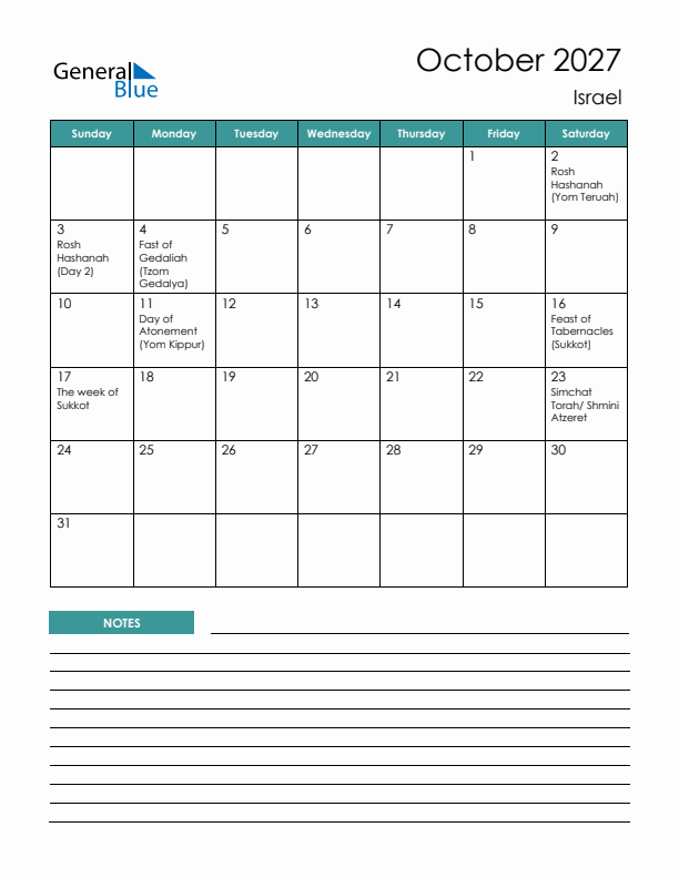 Calendar with Notes Printable - Sunday Start