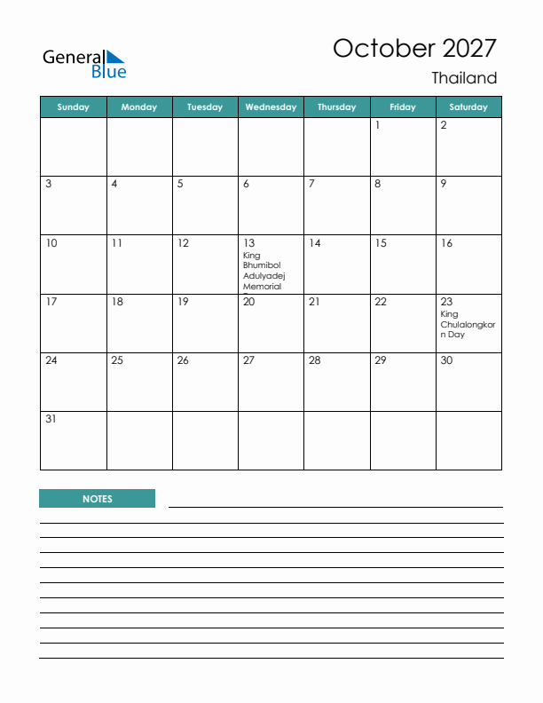 Calendar with Notes Printable - Sunday Start
