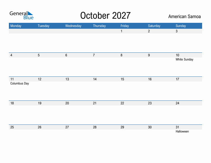 Fillable October 2027 Calendar