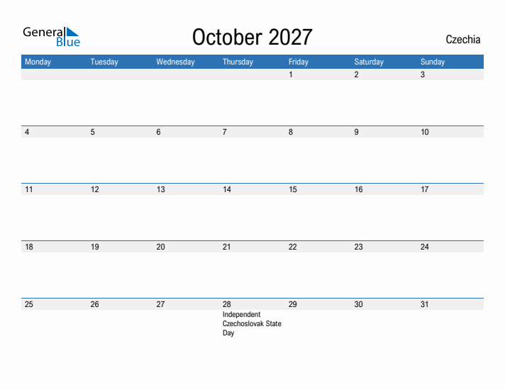 Fillable October 2027 Calendar