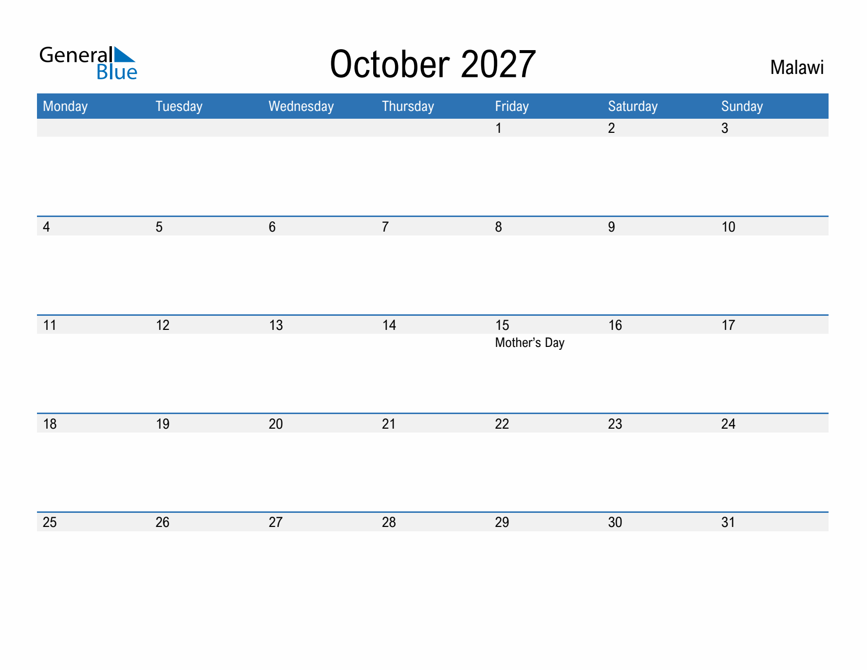 Fillable October 2027 Calendar
