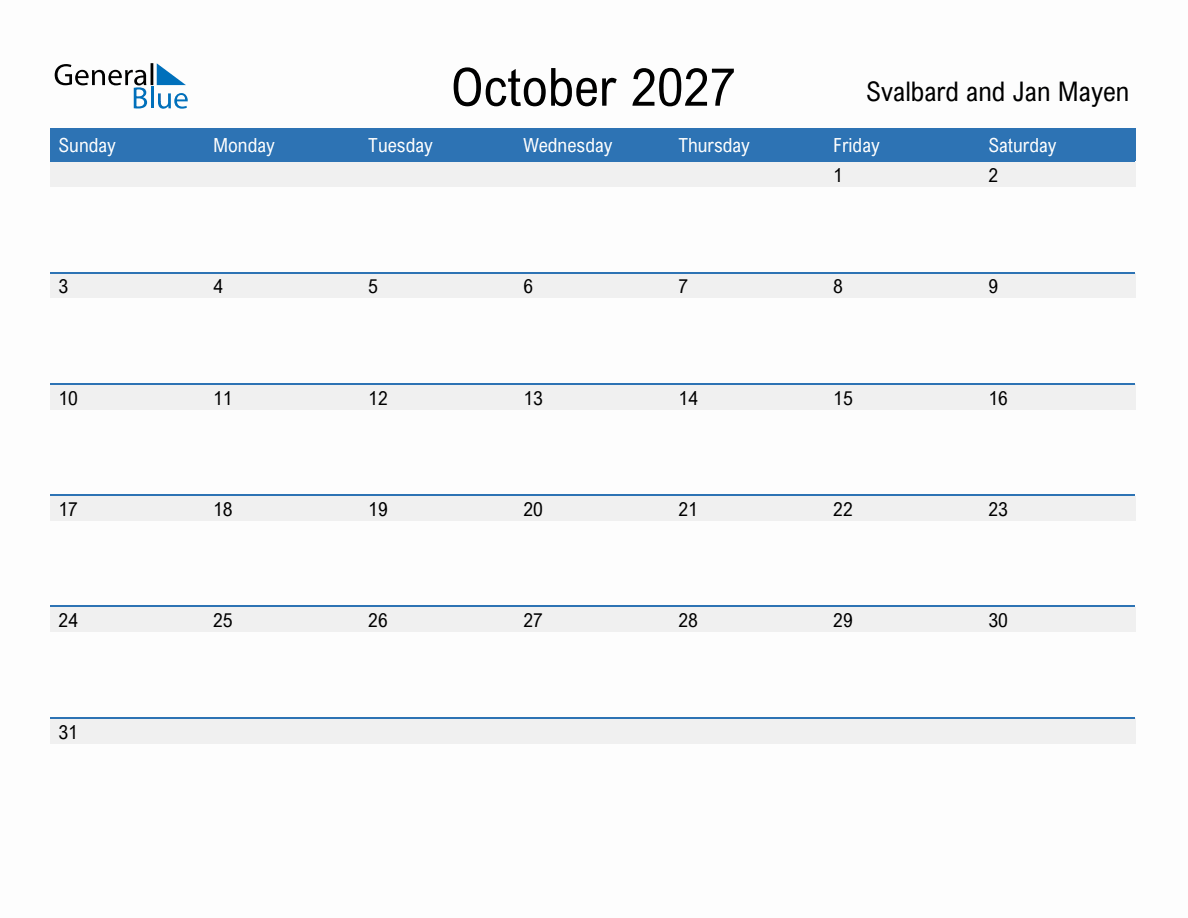 October 2027 Monthly Calendars with Svalbard and Jan Mayen Holidays