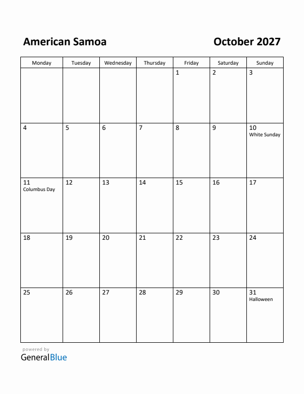 October 2027 Calendar with American Samoa Holidays