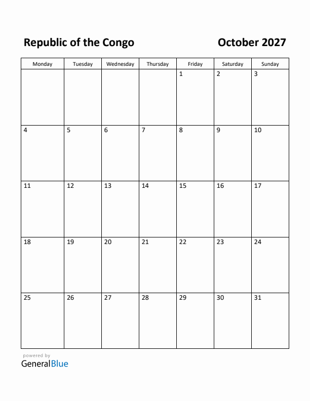 October 2027 Calendar with Republic of the Congo Holidays