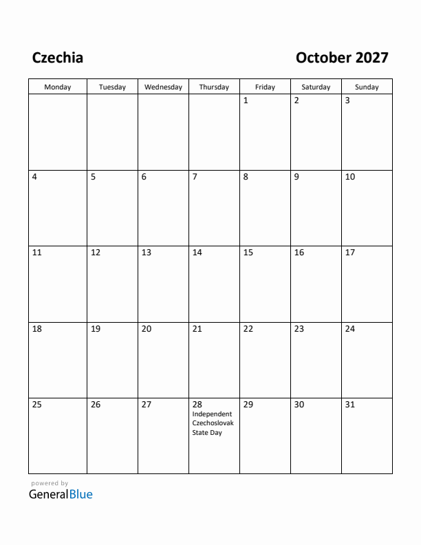 October 2027 Calendar with Czechia Holidays