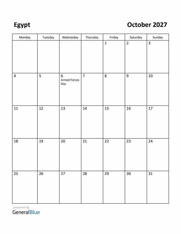 October 2027 Calendar with Egypt Holidays