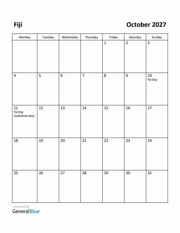 October 2027 Calendar with Fiji Holidays
