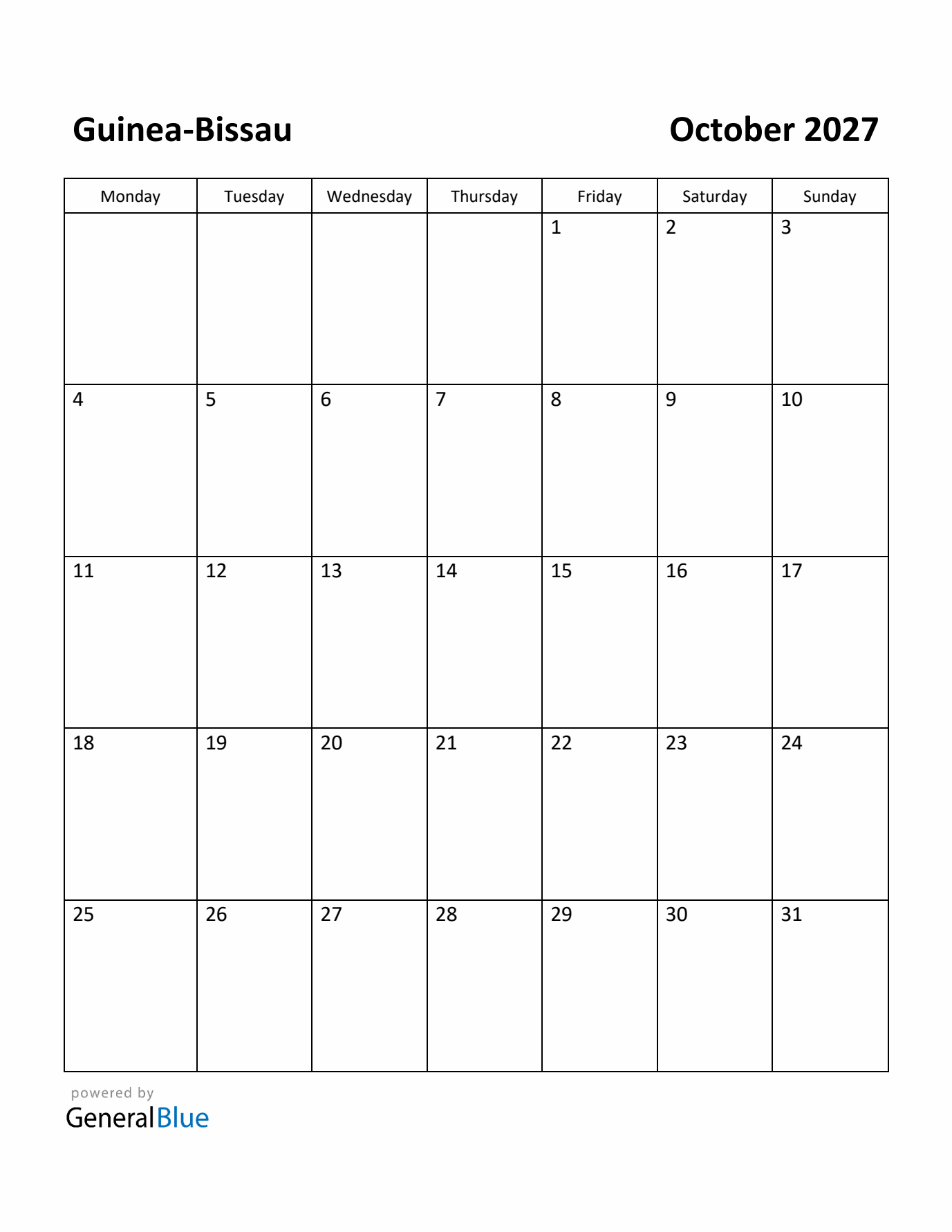October 2027 Calendar with Guinea-Bissau Holidays