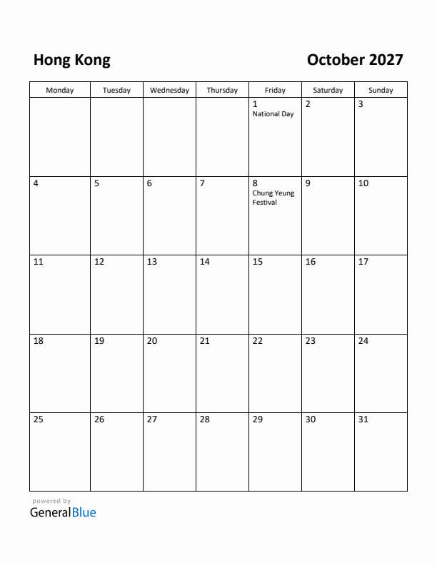 October 2027 Calendar with Hong Kong Holidays
