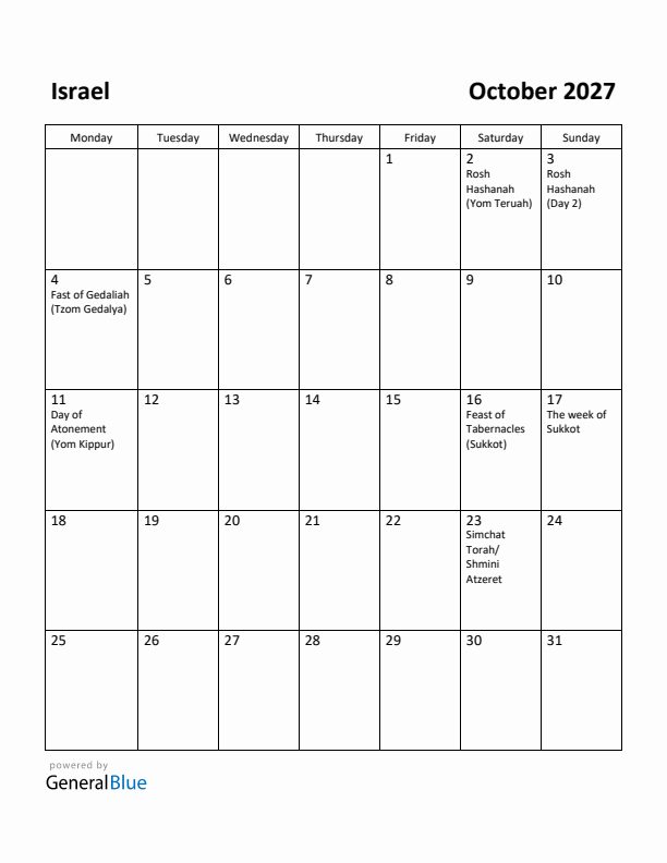 October 2027 Calendar with Israel Holidays