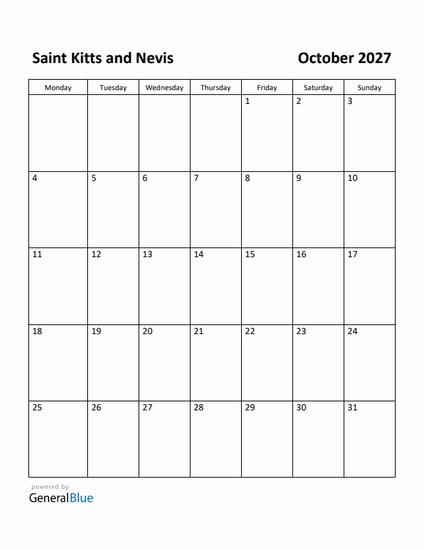 October 2027 Calendar with Saint Kitts and Nevis Holidays
